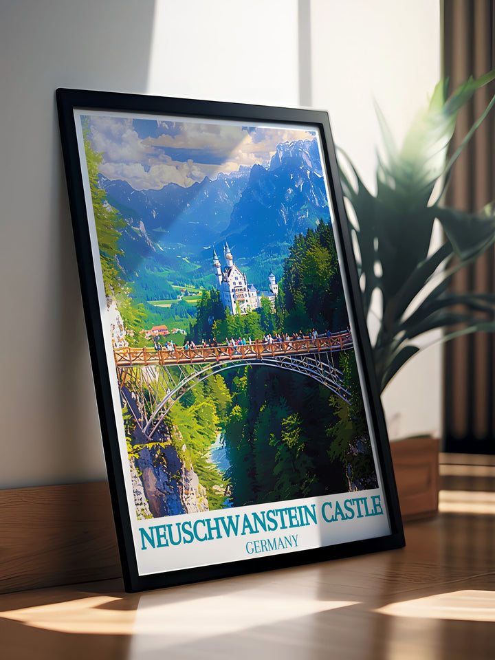 The majestic Neuschwanstein Castle is beautifully illustrated in this travel poster, emphasizing its towering turrets and detailed architecture against the backdrop of the Bavarian Alps, making it a perfect piece for art lovers and history enthusiasts.