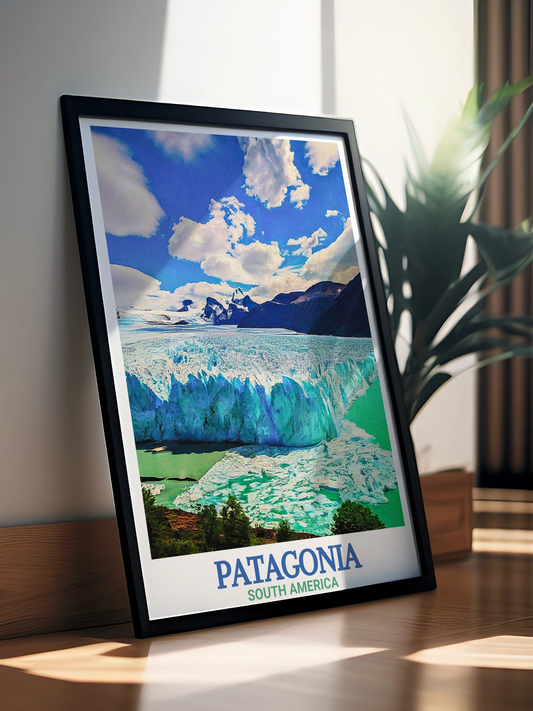 South American art print of Torres Del Paine in Patagonia Chile highlighting the Cuernos Del Paine. Includes Perito Moreno Glacier prints capturing the icy splendor of Argentina. Perfect for wall art and home decor.