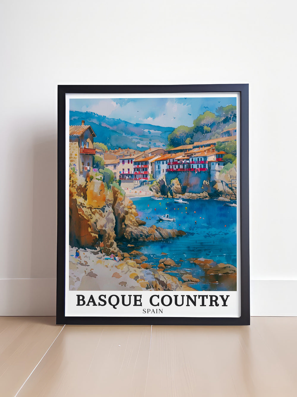 A scenic travel poster featuring the coastal charm of Spains Basque Country, with the Bay of Biscay and the village of Getaria beautifully illustrated. This detailed art print celebrates the unique character of northern Spain, making it an ideal gift for art lovers and travelers alike.