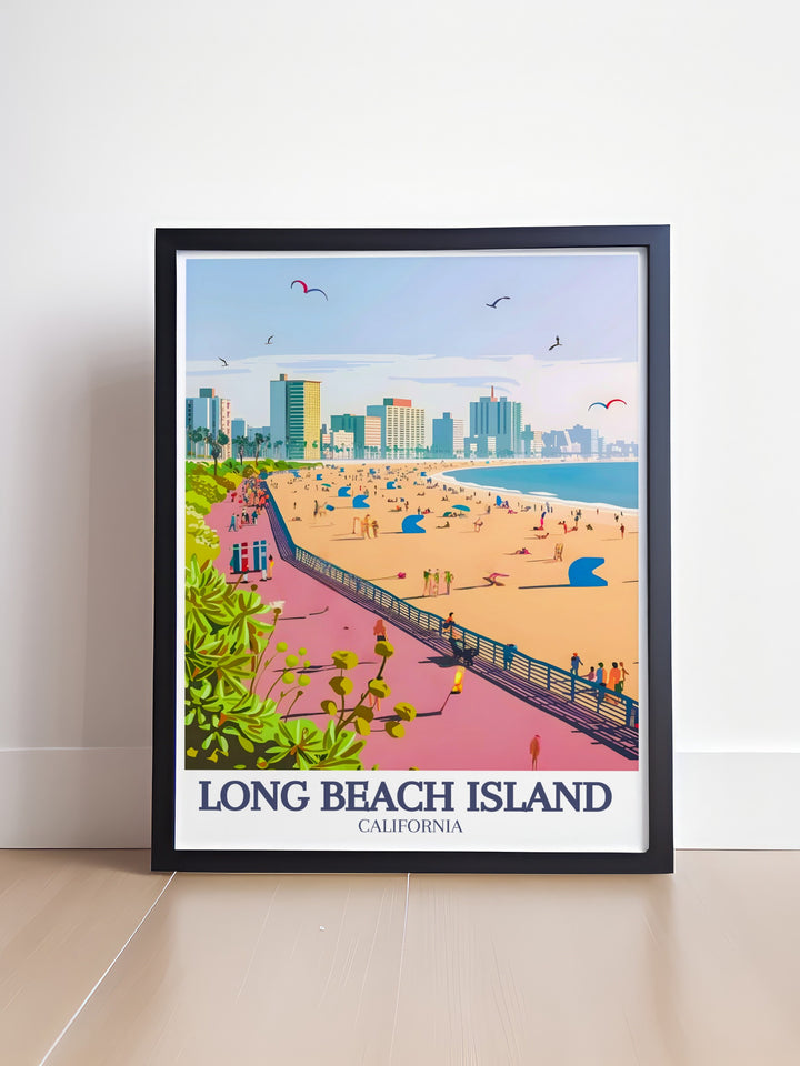 A black and white digital art print of Long Beach Island, featuring the iconic Long Beach Boardwalk. This poster brings the vibrant coastal atmosphere of New Jerseys beloved beach destination into your home, perfect for anyone who loves seaside landscapes and modern art.