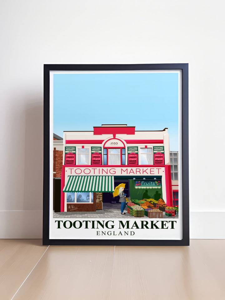 London travel poster featuring Tooting Market perfect for those who love the vibrant energy of London food markets and want to bring a piece of South London into their home