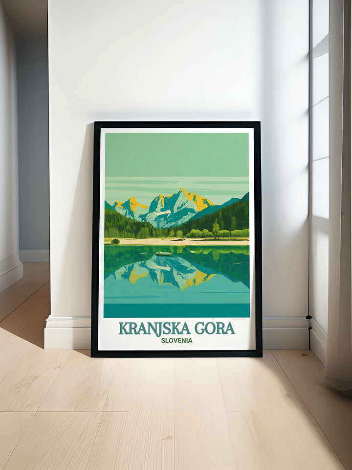 Lake Jasna travel poster, showcasing the serene landscapes and natural beauty of this unique landmark in Kranjska Gora. This print captures the essence of Lake Jasnas charm, perfect for enhancing your home decor with a touch of scenic splendor.