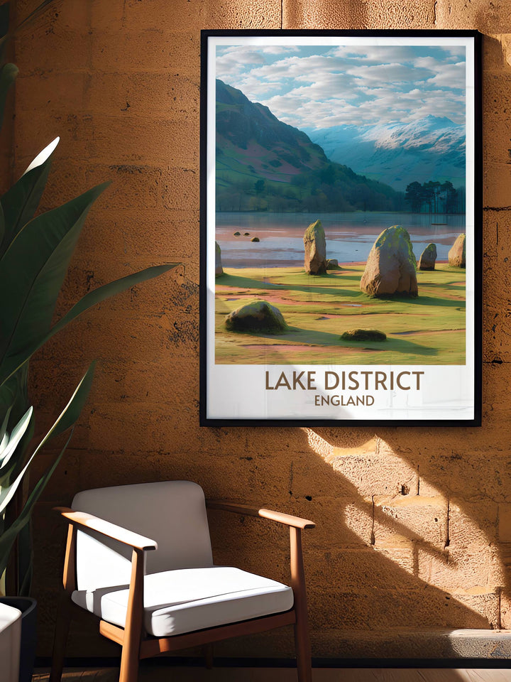 Charming Castlerigg Stone Circle poster highlighting the historical and natural beauty of the Lake District. This artwork is perfect for those who cherish the picturesque landscapes of North West England and want to bring a piece of it into their home.