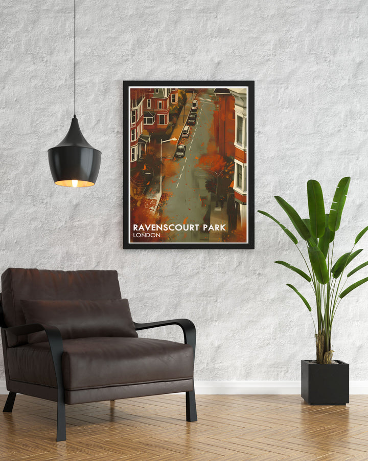 Elegant Ravenscourt Park Residentials Modern Art Print featuring the serene park and lush greenery. Perfect for adding a sophisticated touch to your decor, this print captures the timeless beauty of one of Londons hidden gems.