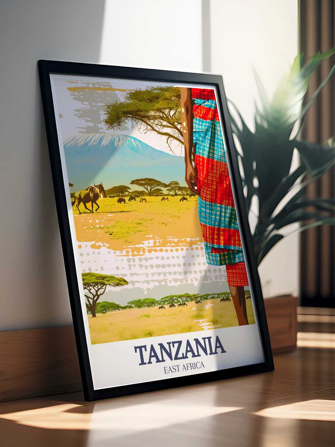 A beautiful art print of Tanzanias Serengeti National Park and Mount Kilimanjaro, showcasing the vast landscapes and wildlife that make Tanzania a top travel destination. This detailed artwork is perfect for anyone who loves Tanzanias natural beauty.