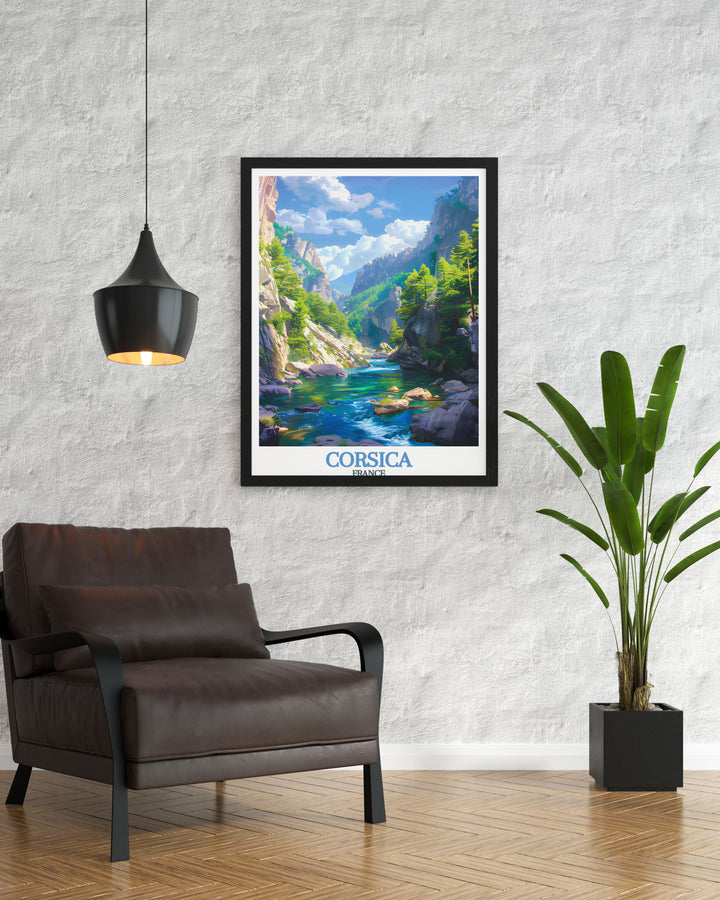 Unique Restonica Gorge vintage print capturing the timeless allure of Corsica France perfect for adding a touch of nostalgia to your home decor an ideal gift for travel enthusiasts and art lovers
