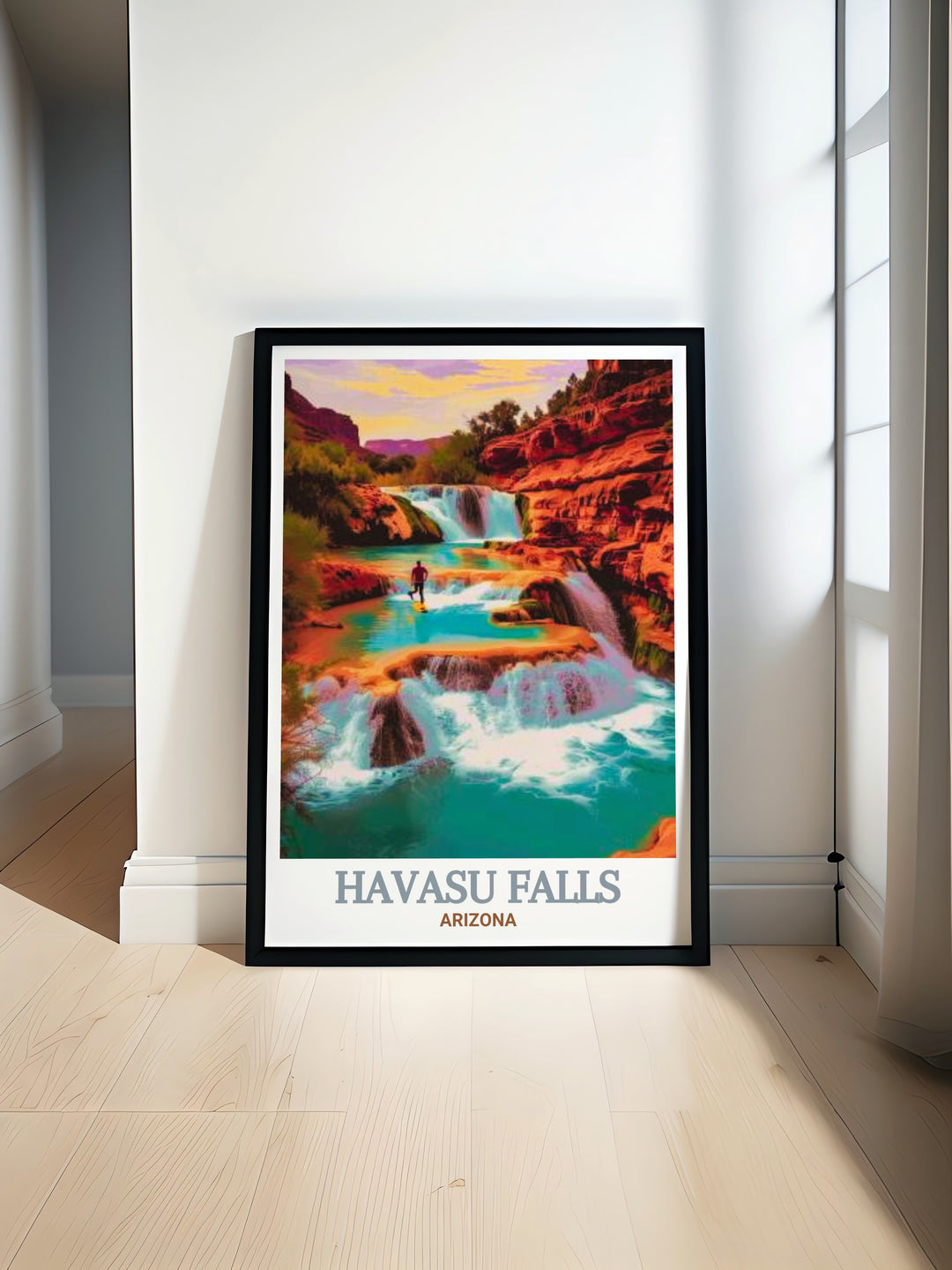 Havasu Falls vintage poster that brings the timeless beauty of Arizonas iconic waterfall into your home. The detailed illustration of the cascading waters and surrounding cliffs creates a captivating piece of wall art.