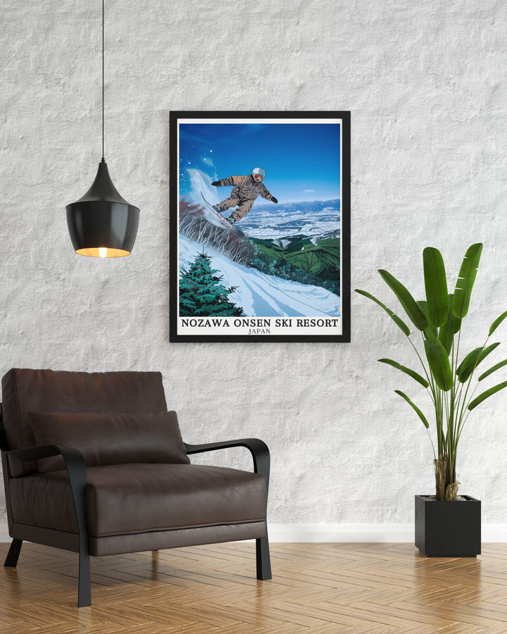 Yamabiko Area Travel Print captures the expansive ski trails of Nozawa Onsen, offering a stunning view of the serene Japanese winter landscape. A great addition to any ski lovers collection.