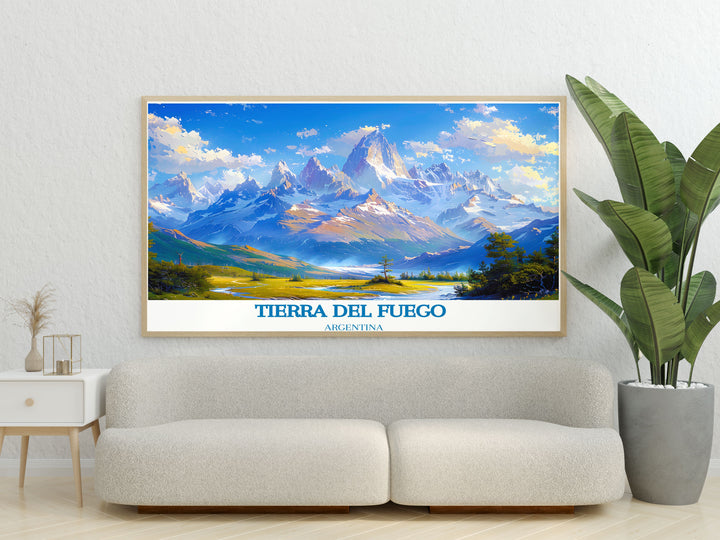 Explore the remote beauty of Tierra del Fuego with this exquisite travel poster, highlighting the rugged terrain and serene vistas.