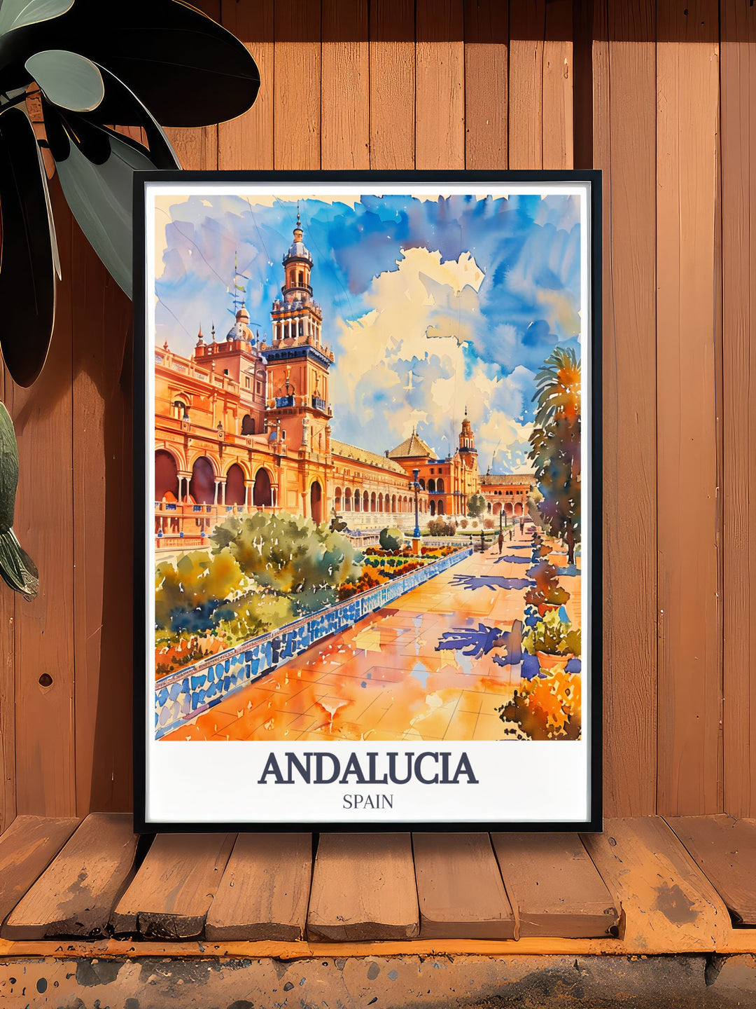 The architectural splendor of the Ambassadors Hall in the Alcazar of Seville is depicted in this travel poster, showcasing its intricate geometric patterns and gold leaf decorations, perfect for enhancing your home with a piece of Spanish heritage.
