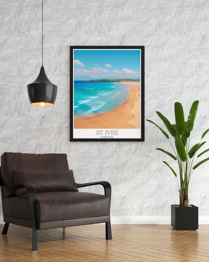 Bring the beauty of St Ives into your home with this detailed poster, highlighting the historical significance and coastal charm of Porthmeor Beach in Cornwall.