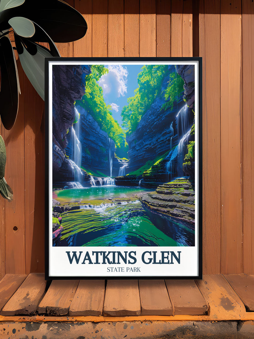 This gallery wall art features captivating views of Watkins Glen State Park, showcasing its lush greenery and scenic gorges. A stunning piece for creating a focal point that celebrates New Yorks natural parks, it adds sophistication and tranquility to any gallery wall, blending history and nature beautifully.