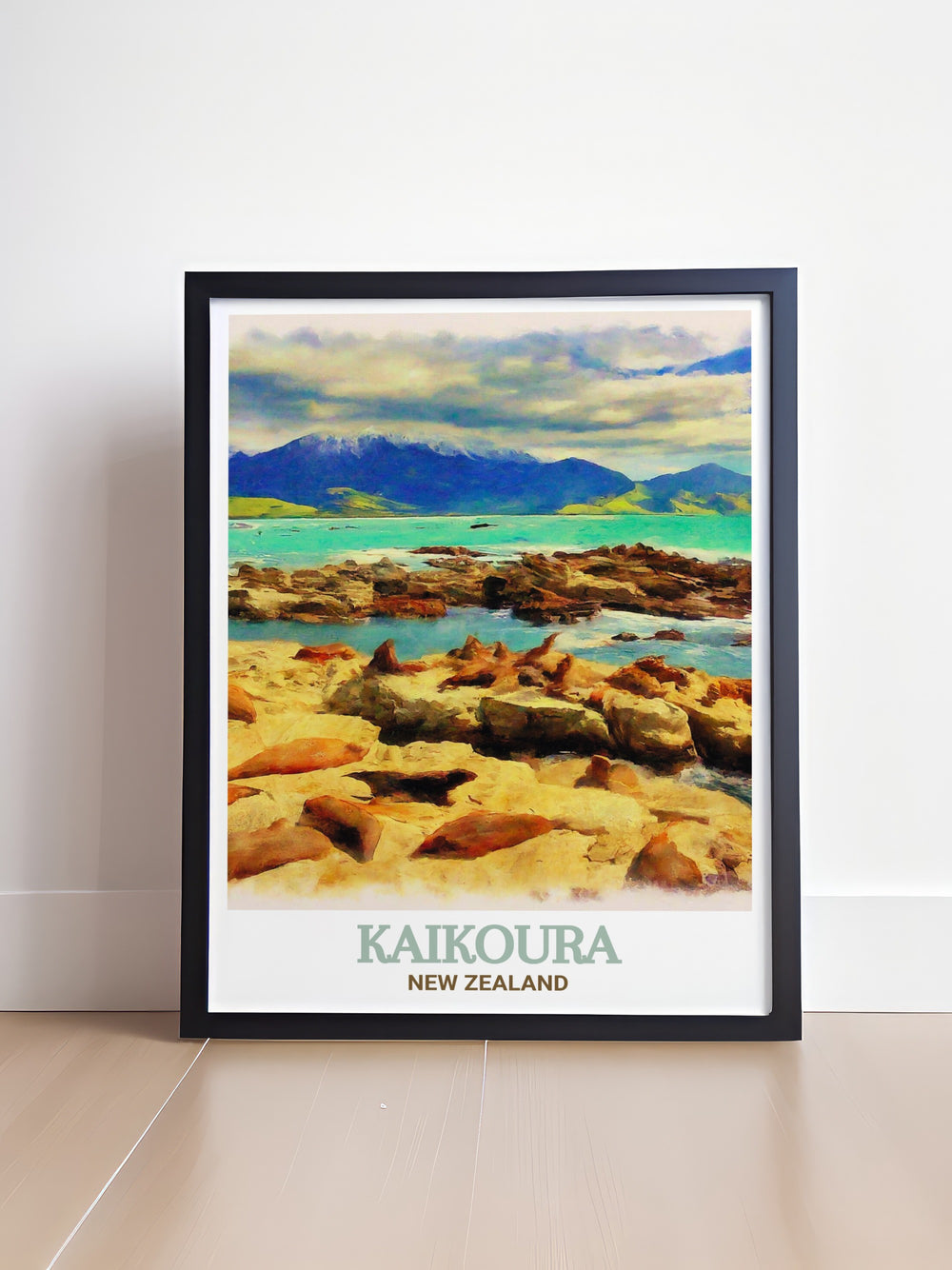 A rich depiction of Kaikouras rugged coast and its thriving seal colony makes this canvas art a striking centerpiece for any room. The artwork is perfect for those who appreciate the beauty of New Zealands natural environment.