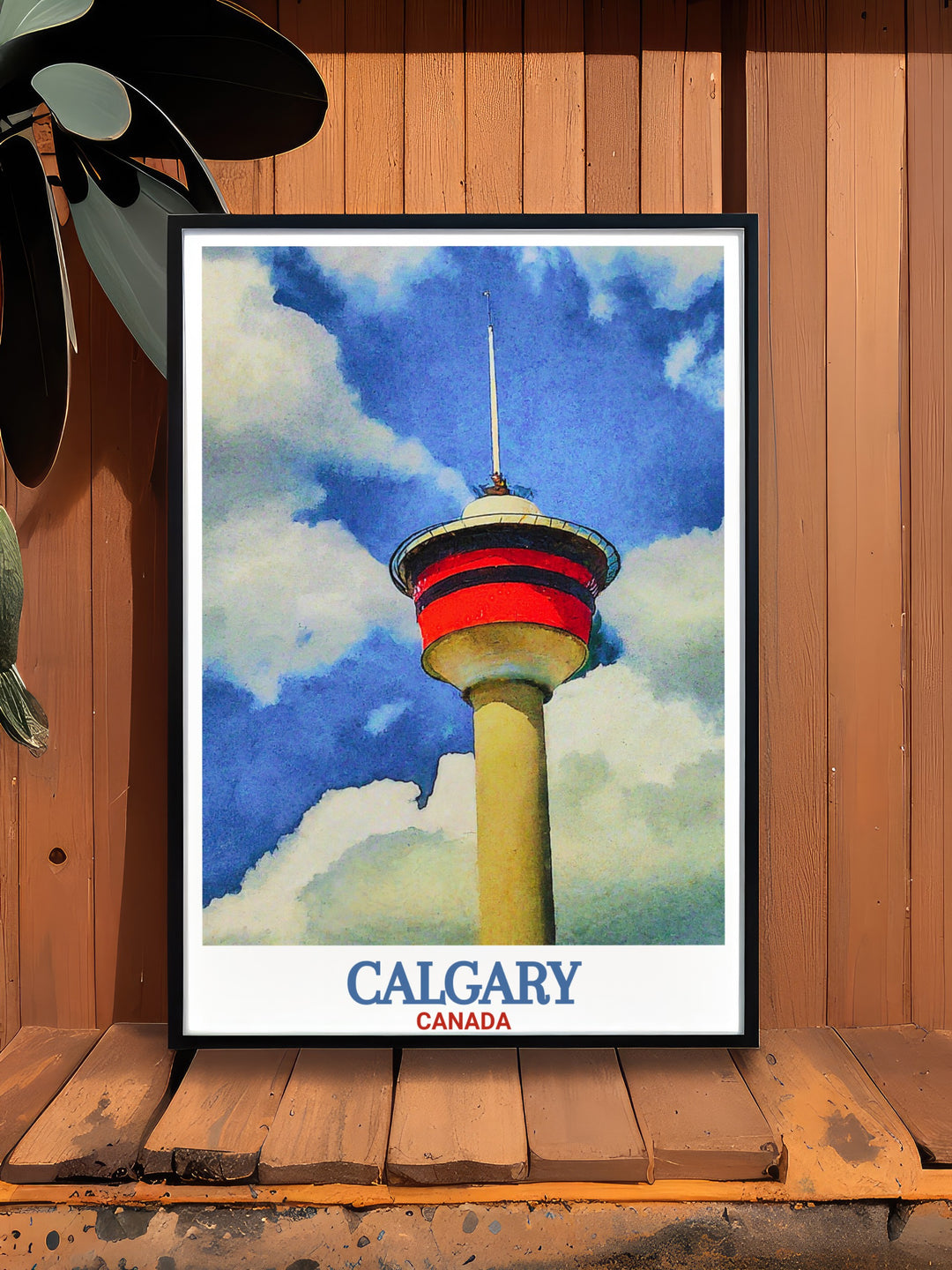Calgary Tower wall art that captures the vibrant energy of the city. This Canada travel print is perfect for those who want to bring a piece of Calgarys iconic skyline into their home or office space.