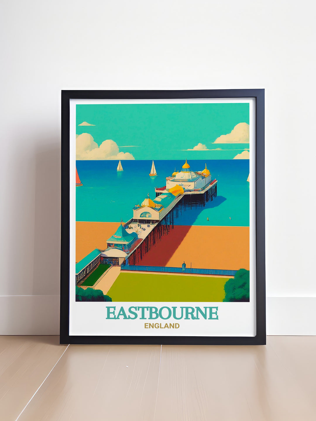 South Downs Way travel print featuring Eastbourne Pier, showcasing its stunning architecture and coastal views. This art print is ideal for those who love Englands seaside towns and want to add a touch of coastal heritage to their living space.