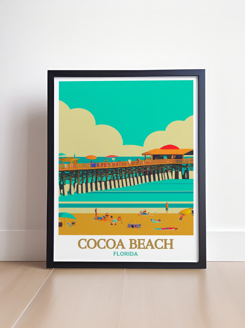 Custom art print of Cocoa Beach, emphasizing the unique charm of the pier and the surrounding landscape. A thoughtful gift for anyone who cherishes Floridas coastal attractions, this print is a beautiful addition to any collection.