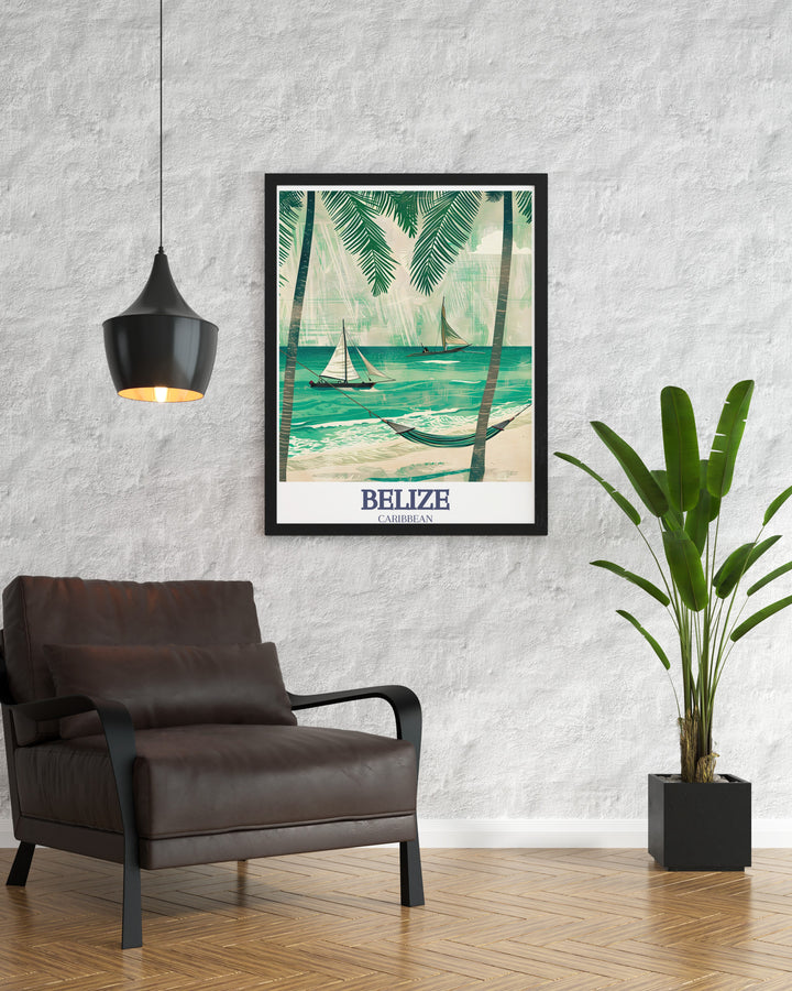 High quality Secret Beach Ambergris Caye modern art print featuring detailed and lifelike representation of the vibrant beach and surrounding landscape perfect for enhancing any home or office space