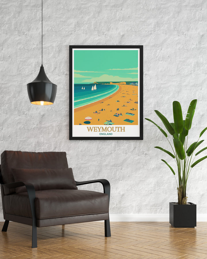 Weymouth Beach travel art showcasing the golden sands and serene waters of this beloved coastal spot. Ideal for enhancing beach inspired interiors, this artwork brings the relaxing ambiance of Weymouth Beach into your home.