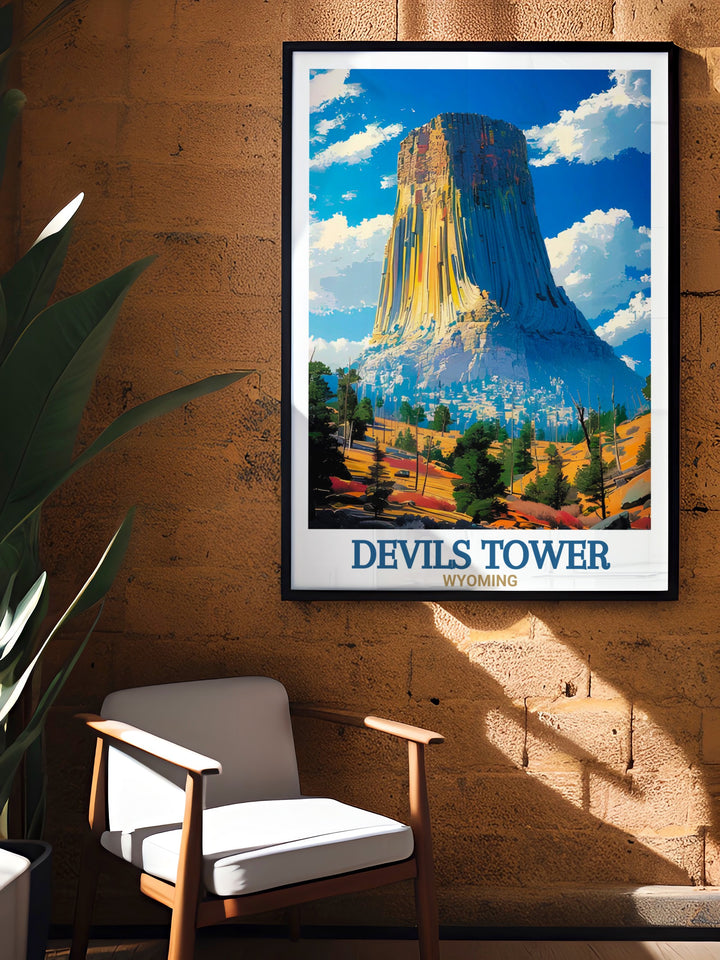 Elegant Devils Tower National Monument print captures the breathtaking landscape of Wyoming. This Devils Tower art is a perfect piece of home decor for anyone who loves nature and adventure bringing the beauty of the monument into your space.