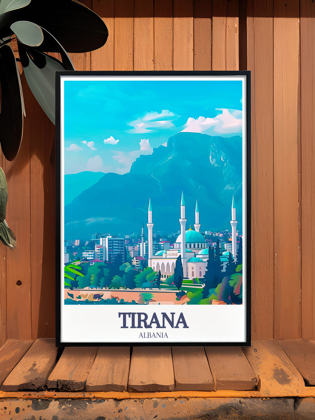 Tirana Poster showcasing Namazgah Mosque Balkan Area a captivating piece of Albania Artwork that combines vintage charm with a contemporary aesthetic perfect for enhancing any room with its vibrant colors and intricate details a must have for art enthusiasts