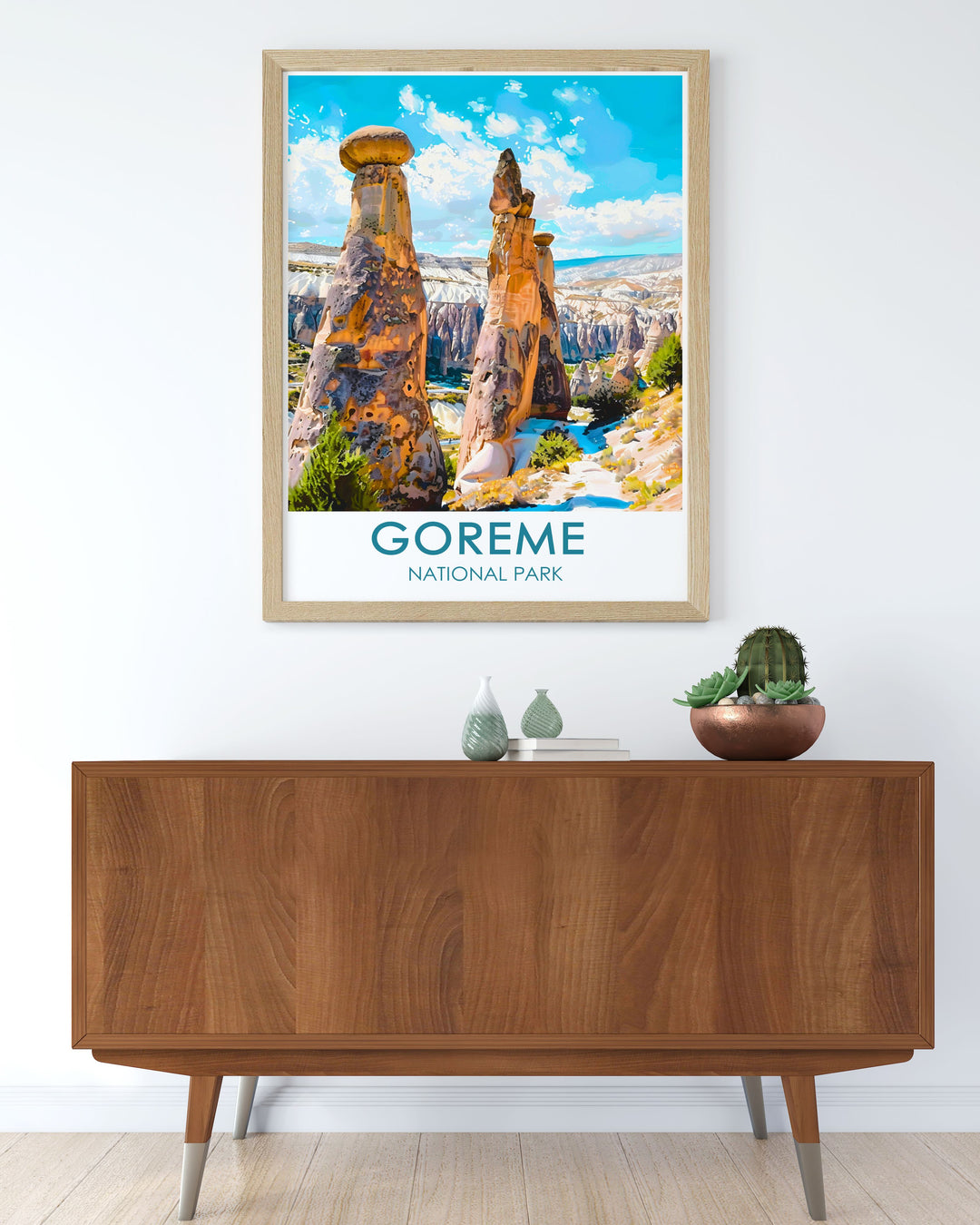 This travel poster captures the enchanting landscape of Goreme National Park in Turkey, showcasing the unique Fairy Chimneys and colorful hot air balloons drifting over the magical terrain, perfect for adding a touch of exotic charm to your home decor.