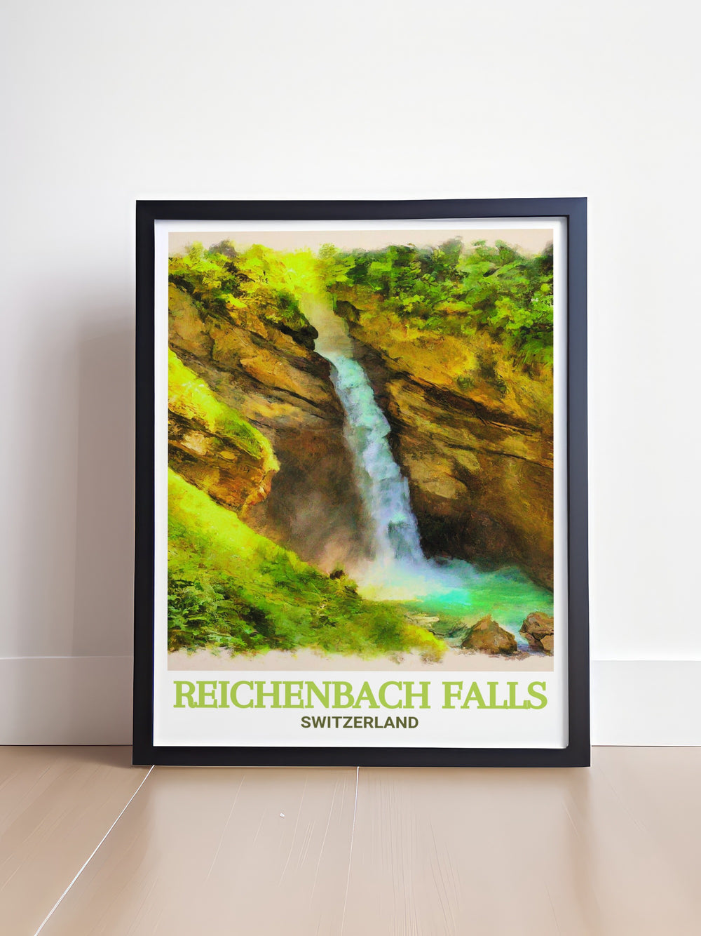 This Switzerland wall art captures the grandeur of Reichenbach Falls, a must see destination in the Swiss Alps. Featuring a serene and powerful image of the falls, this poster is a perfect gift for anyone with a love for travel or natural landscapes.