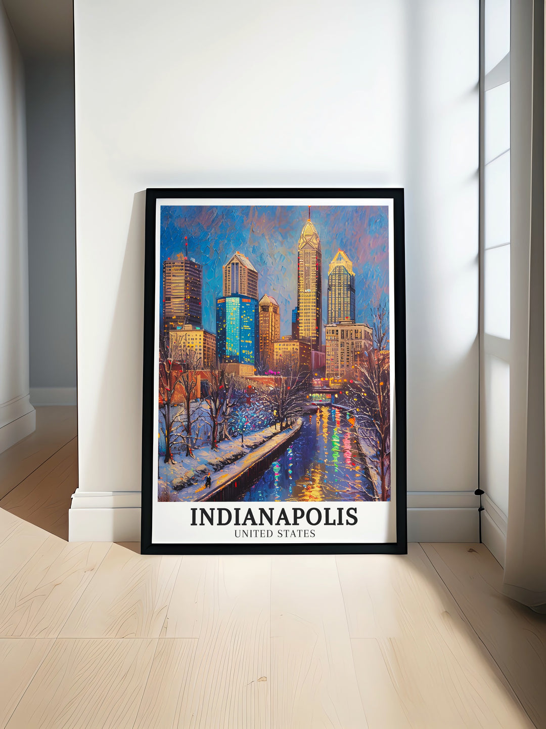 Indiana Skyline Wall Art. Featuring the beautiful scenes of the Indianapolis skyline and Canal Walk, this wall art collection is perfect for enhancing your home decor with the charm of Indianas cityscape. Perfect for any space.