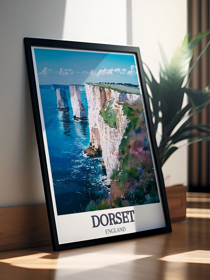 The serene beaches and clear waters of Studland Bay are beautifully illustrated in this travel poster, capturing the essence of a perfect coastal getaway.