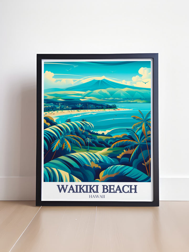 Diamond Head Crater Travel Print that showcases one of Hawaiis most famous landmarks. The bold volcanic crater overlooking the serene beaches of Waikiki is the perfect addition to any home or office decor.