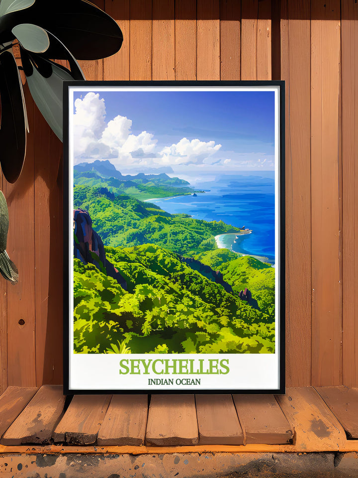 This vintage inspired poster of Vallée de Mai in Seychelles captures the breathtaking beauty of its ancient forest, ideal for adding a touch of natural serenity to any space.
