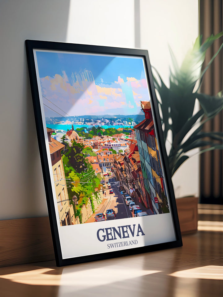 Geneva Art Print showcasing the historic citys charm alongside the peaceful waters of Lake Geneva, perfect for those looking to add a piece of Switzerland to their walls.