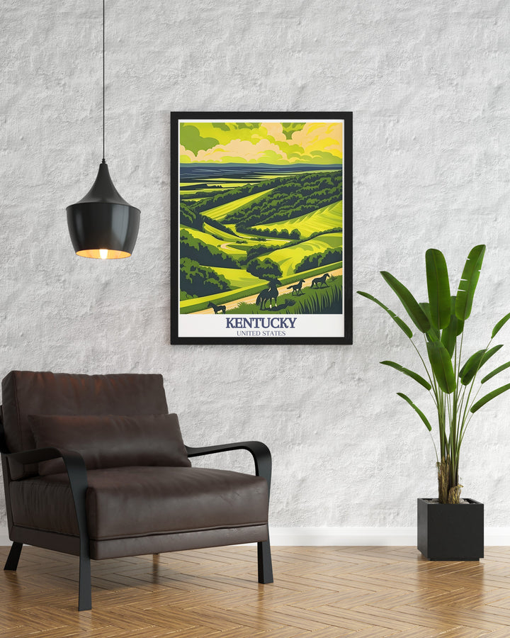 Bring a piece of Kentucky into your home with this vibrant travel poster featuring the Bluegrass region and the Walk Across Kentucky. The intricate details and beautiful colors make it an ideal gift for those who love Kentuckys landscapes.