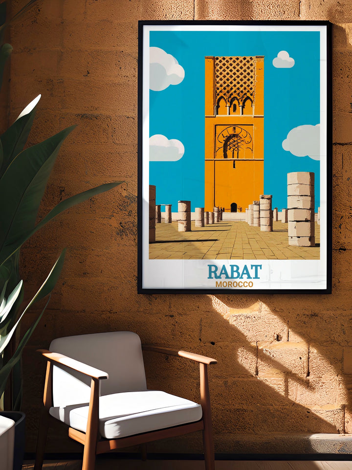 Modern Rabat Poster featuring the Hassan Tower perfect for adding a touch of Moroccan elegance to your home decor ideal for living rooms bedrooms or offices a stylish and sophisticated piece of art that celebrates the heritage of Rabat