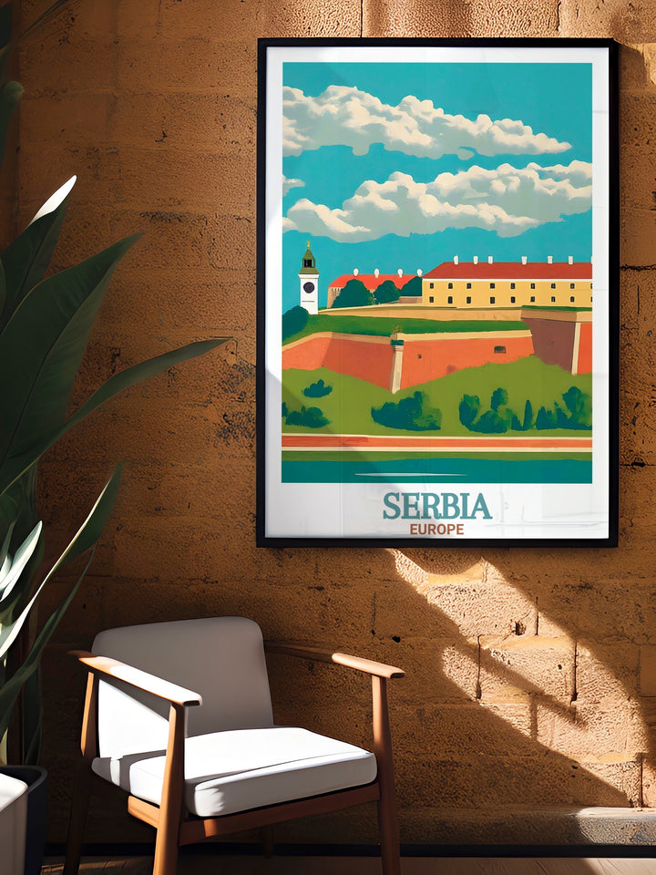 Novi Sad and Petrovaradin Fortress Modern Art prints designed to highlight the beauty of this landmark ideal for adding elegance to your home decor and providing a unique gift option for art lovers and travelers