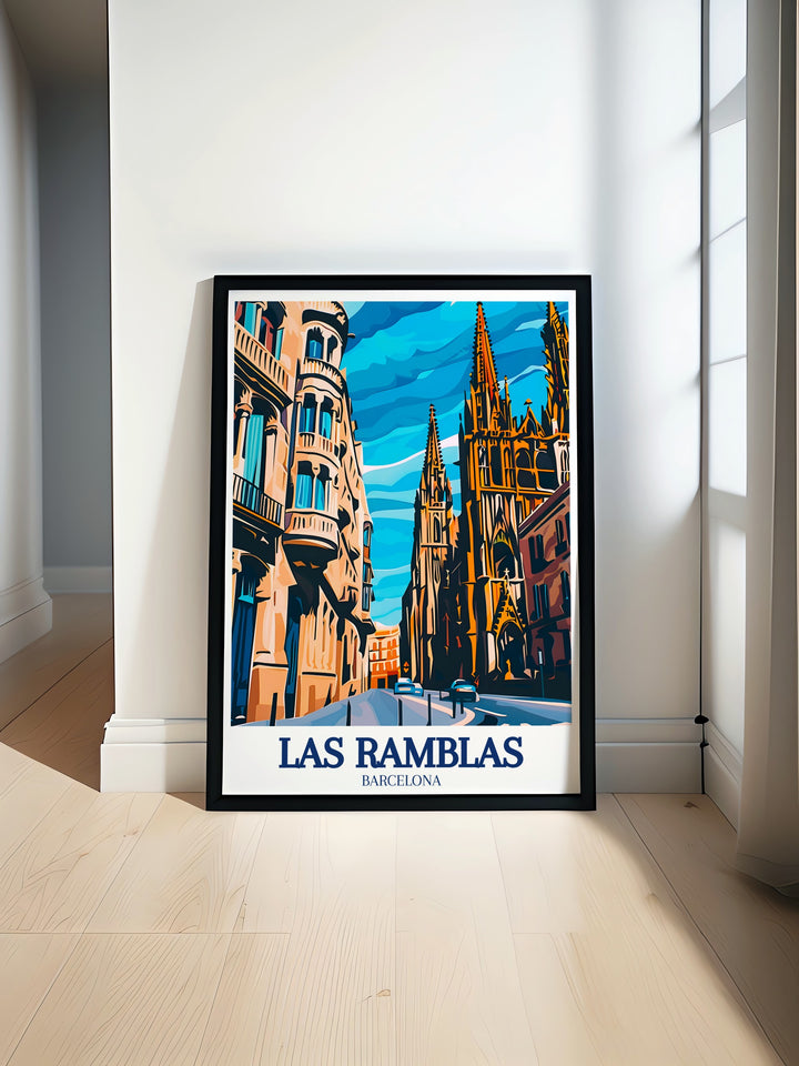 Las Ramblas art print that highlights the energy and vibrancy of Barcelonas bustling avenue, filled with street performers, local vendors, and tourists. This travel poster is ideal for anyone who wants to capture the essence of Barcelonas street culture and bring a touch of Spains liveliness into their decor.