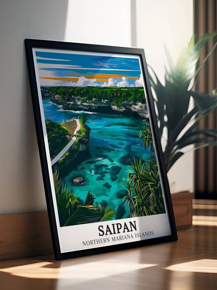 Pacific Ocean travel wall decor pieces capturing the enchanting scenery of Saipan and Banzai Cliff. Perfect for those who love Pacific travel, these wall decorations add a touch of natures beauty to any room. Enjoy the vivid colors and delicate details of the Pacific Ocean through our high quality travel wall art.