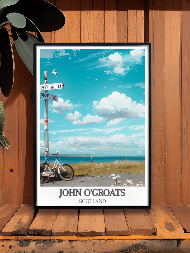 John O Groats Signpost wall art showcasing the famous signpost at the northernmost point of mainland Britain. Perfect for commemorating the JOGLE Bike Ride from John O Groats to Lands End. An inspiring piece for cycling lovers.