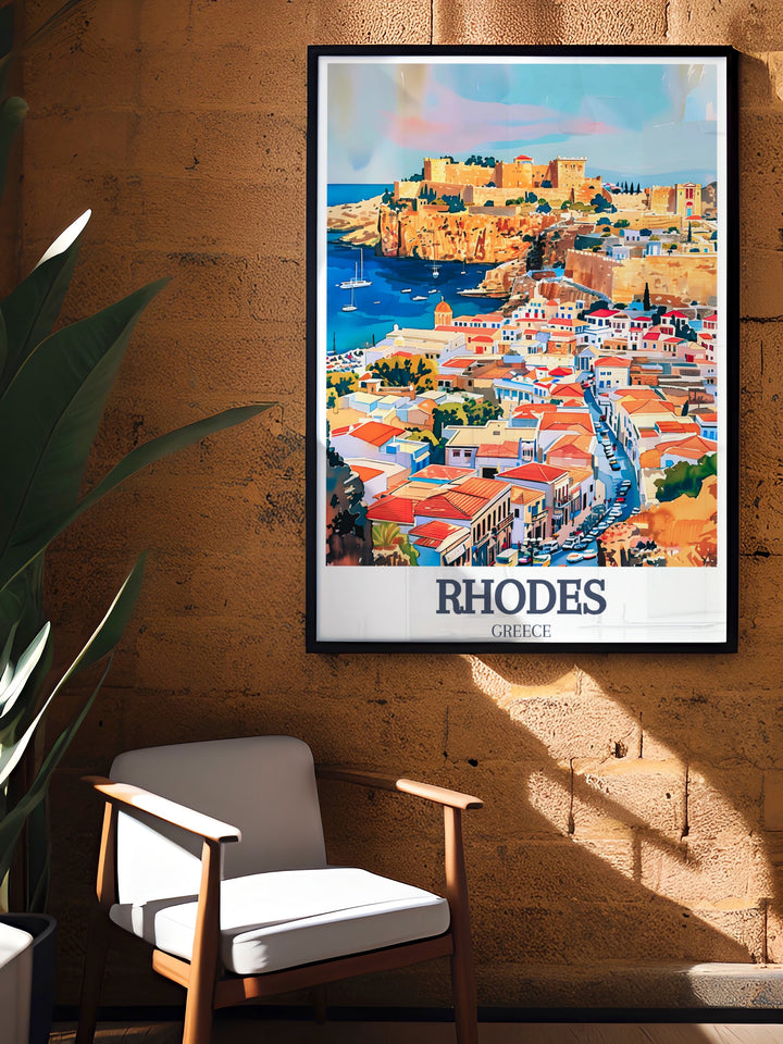 This captivating Rhodes poster showcases the iconic Palace of the Grand Master, with the Old Town of Rhodes enhancing the overall scene. An art print that combines architectural majesty and cultural depth, perfect for wall decor and lovers of Greek travel.