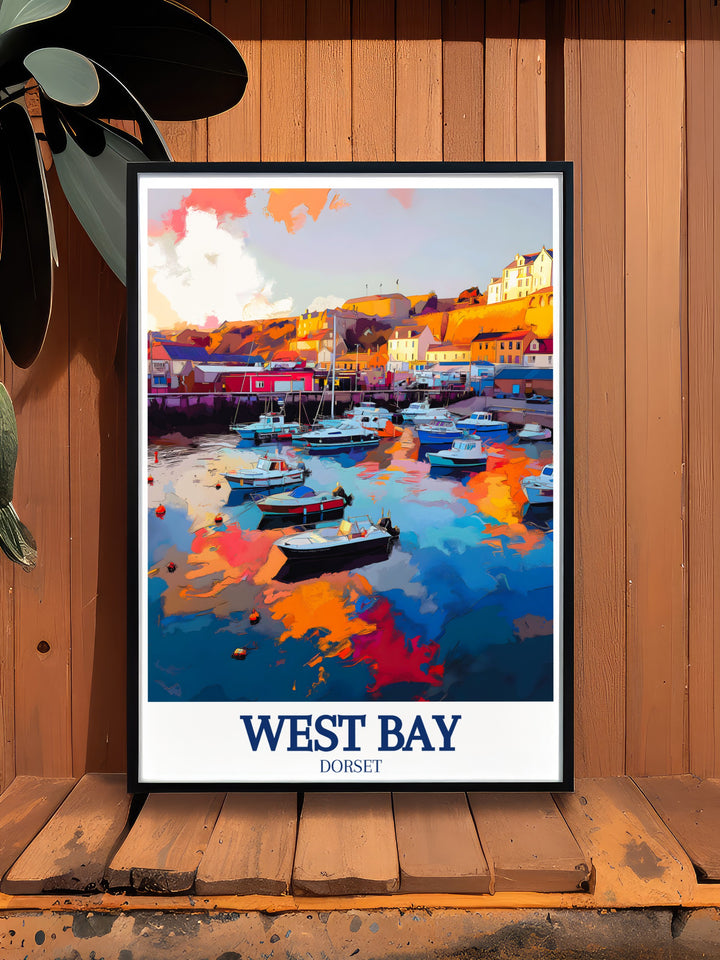 West Bay travel print captures the stunning cliffs and peaceful shoreline of the Jurassic Coast. Ideal for nature enthusiasts and fans of coastal art, this artwork brings the beauty of one of Englands most beloved seaside destinations into your home.