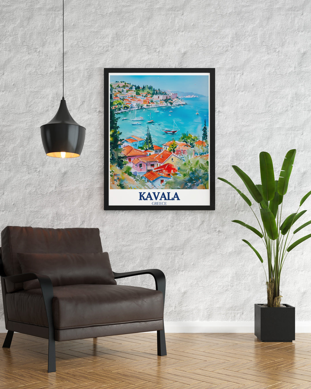 Kavala Old Town Travel Poster featuring a panoramic view of the ancient city, with the Aegean Sea in the background, ideal for travelers and history lovers who want to keep a piece of Greece in their home.