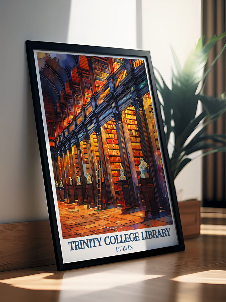 Captivating architecture print of Trinity College Dublin highlighting the Long Room and Book of Kells a perfect addition to your collection of elegant home decor