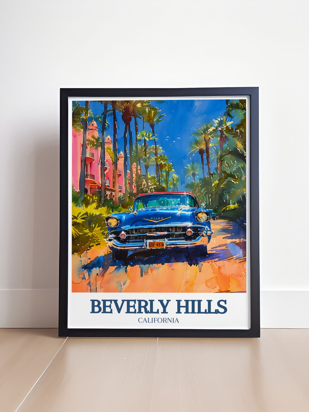 Beautiful California print highlighting the stunning Beverly Hills Hotel and the vibrant Hollywood area, ideal for those who appreciate glamour and elegance. Adds a scenic and stylish touch to your home decor.