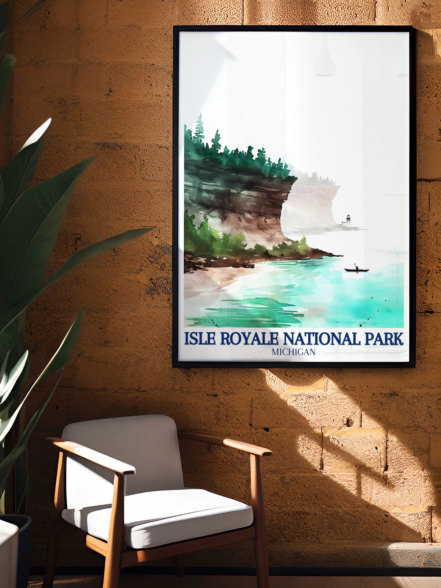 A framed art piece featuring Windigo Lighthouse at sunset, highlighting the warm hues reflecting off the water. This print adds a touch of coastal charm to any room, making it a wonderful addition to your home decor.