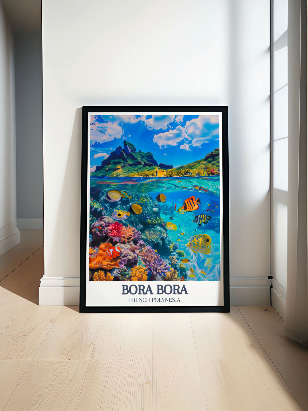 Bora Bora Lagoon Coral Gardens travel poster featuring stunning turquoise waters and vibrant coral reefs perfect addition to any art and collectibles collection capturing the essence of French Polynesia ideal for home decor and wall art enthusiasts seeking a touch of paradise.