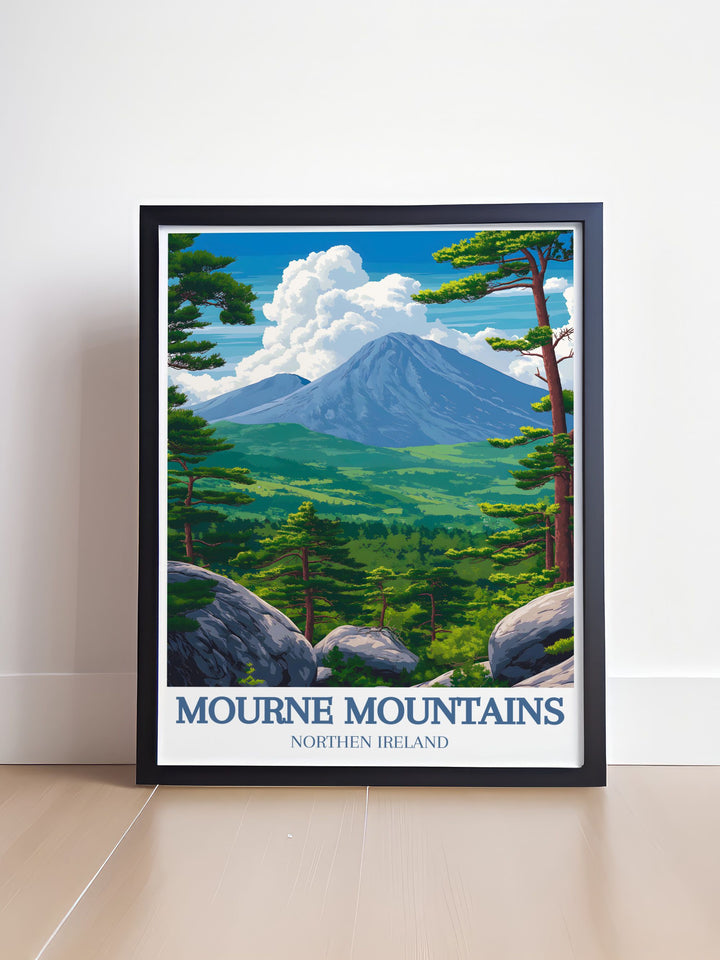 This detailed poster of the Mourne Mountains illustrates the regions rich heritage and folklore, making it an excellent addition to any art collection celebrating natural and cultural beauty.