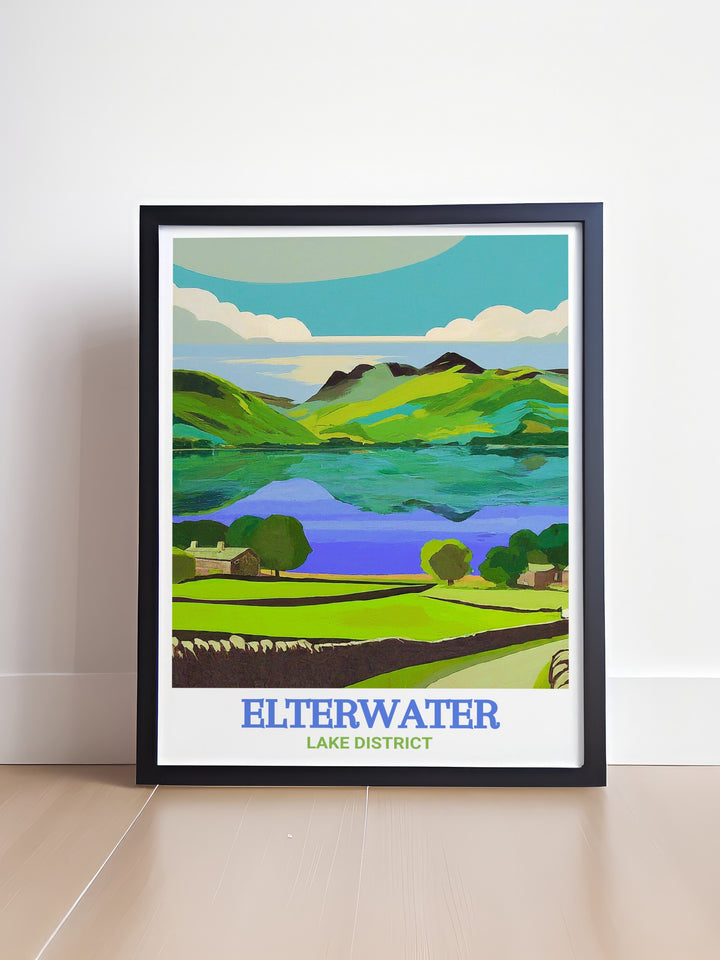 Beautiful Elterwater Lake framed print featuring the tranquil village surrounded by fells and peaceful lakes. This Cumbria travel print is a must have for those who appreciate the Lake District and want to bring the outdoors into their home.