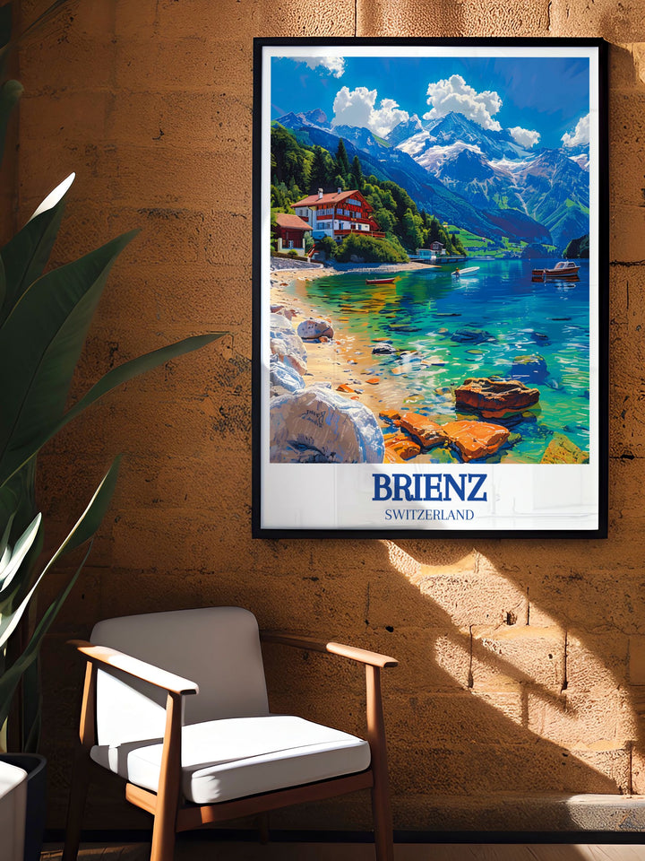 Retro travel poster of Lake Brienz, Brienzer Rothorn with a picturesque view of the Swiss Alps. Perfect for home decor and as a thoughtful gift for travel lovers. High quality print for lasting beauty.