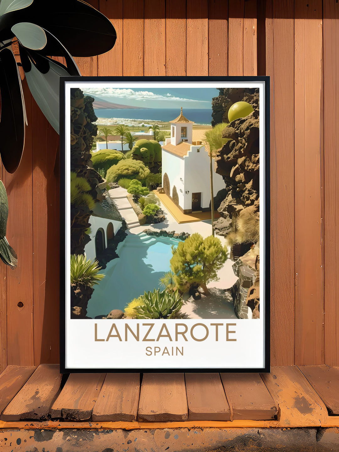 Experience the artistic charm of Lanzarote with this poster of the Cesar Manrique Foundation, capturing the foundations unique architectural design within the islands volcanic terrain, perfect for art enthusiasts and travel lovers alike.
