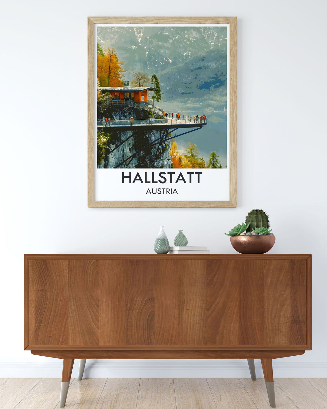 This detailed illustration of Hallstatt Skywalk offers a breathtaking view of the panoramic scenery, perfect for enhancing your home decor with a touch of adventure.