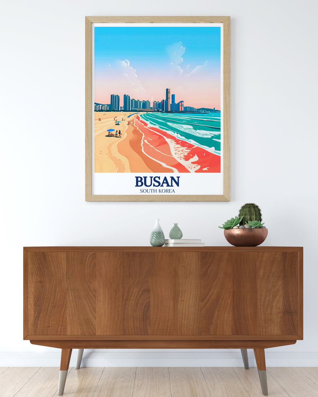 Busan travel art featuring Haeundae Beach and Haeundae gu Skyline creating a dynamic and captivating scene this South Korea print is the perfect addition to any home looking to celebrate Busans iconic beach and skyline.